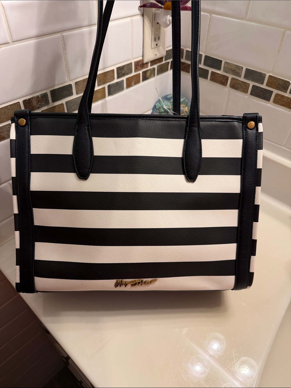 Betsey Johnson Black & White Striped Tote with Pink Butterfly Charm - Picture 3 of 11